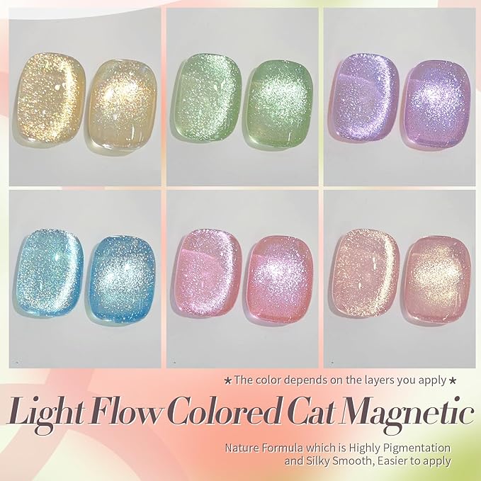 Born Pretty Cat Magnetic Eye Gel Nail Polish Spring Summer Pastel Shimmer Glitter Holographic Cat Magnetic Eye Gel Crystal Glass Cat Magnetic Gel Polish Manicure Nail Art DIY at Home 6PCS-VivaGrace Women