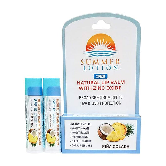 Natural Lip Balm with Zinc Oxide Sunblock by Summer Lotion, SPF 15 Lip Sunscreen 2-Pack, Water Resistant Chapstick, SPF Lip Protection for Everyone, (Pina Colada)-VivaGrace Women