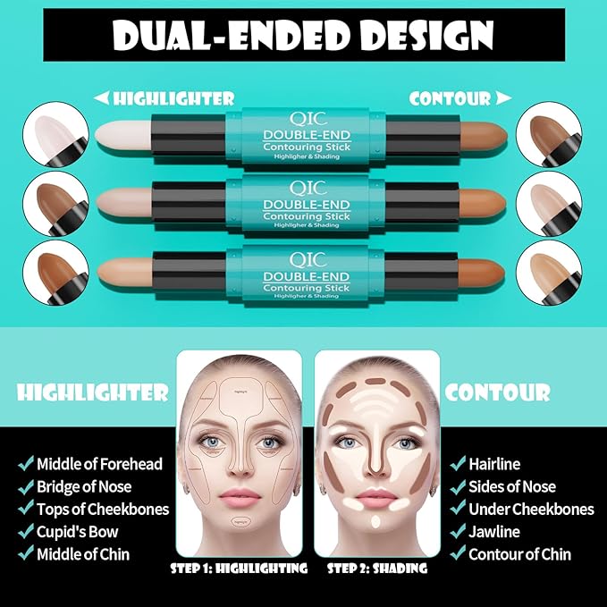 MEICOLY 2-in-1 Highlighter Contour Stick,Cool Toned Contour Stick,Makeup Highlighter Stick,Long Lasting Waterproof Bronzer Contour Pencil,Travel Cream Face Shaping Stick,03-VivaGrace Women