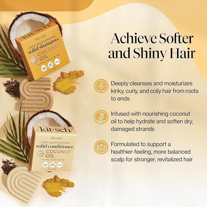 Kitsch Coconut Oil Shampoo and Conditioner Set – Deep Moisturizing Shampoo and Conditioner Bar for Dry Damaged Hair – Hydrating Solid Bars for Curly, Coily & Color Treated Hair – Made in USA-VivaGrace Women