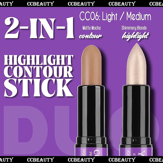 CCbeauty 2pcs 2-IN-1 Shimmer Contour Highlighter Stick with Blush,Cream Dual-End Highlight Bronzer Concealer & Blusher for Cheeks & Lip, Long Lasting Contouring for Face Shaping Makeup, Light-Medium-VivaGrace Women