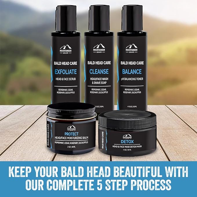 Mountaineer Brand Bald Head Care Gifts For Bald Men | All Natural 4 Step Daily Skin Care for Healthy Scalp & Face | Exfoliate Scrub | Cleanse Wash | Shine Away PH Balance | Protect Moisturizing Balm-VivaGrace Women