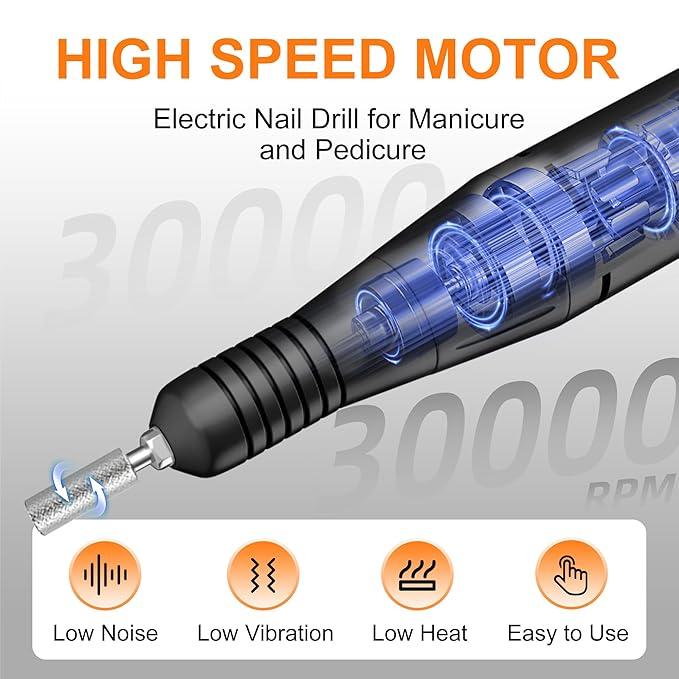 Professional Electric Nail Drill File:COSYGLOW Glitter Portable Cordless E-File Nail Drill Kit with 11 Drill Bits,30000 RPM Rechargeable Nail Drills Machine for Acrylic Nails Gel Polishing(Black)-VivaGrace Women