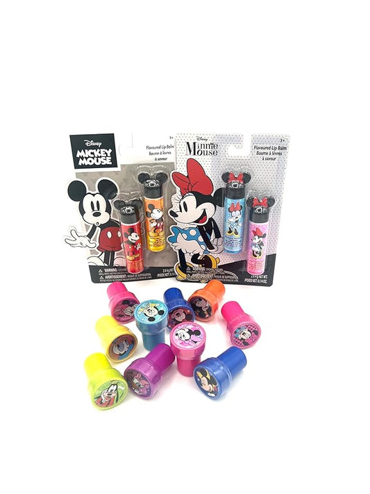 Disney Mickey and Minnie Lip Balm Bundle with 4 Lip Balms in Assorted Flavors - Bonus 1 Assorted Disney Stamp-VivaGrace Women