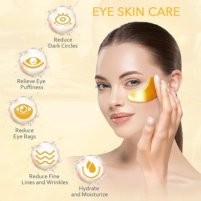 Under Eye Patches, Gold Eye Patches for Puffy Eyes and Dark Circles 24k Gold Under Eye Mask for Wrinkles Eye Bags for Women and Men Collagen Skincare Treatment (20pcs)-VivaGrace Women