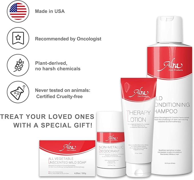 Alra Chemo & Radiation Kit Therapy Skincare Bundle (4-Piece Set) Deep Moisturizing Lotion, Mild Soap, Conditioning Shampoo, Non-Metallic Deodorant | Natural, Soothing Wellness for Cancer Patients-VivaGrace Women