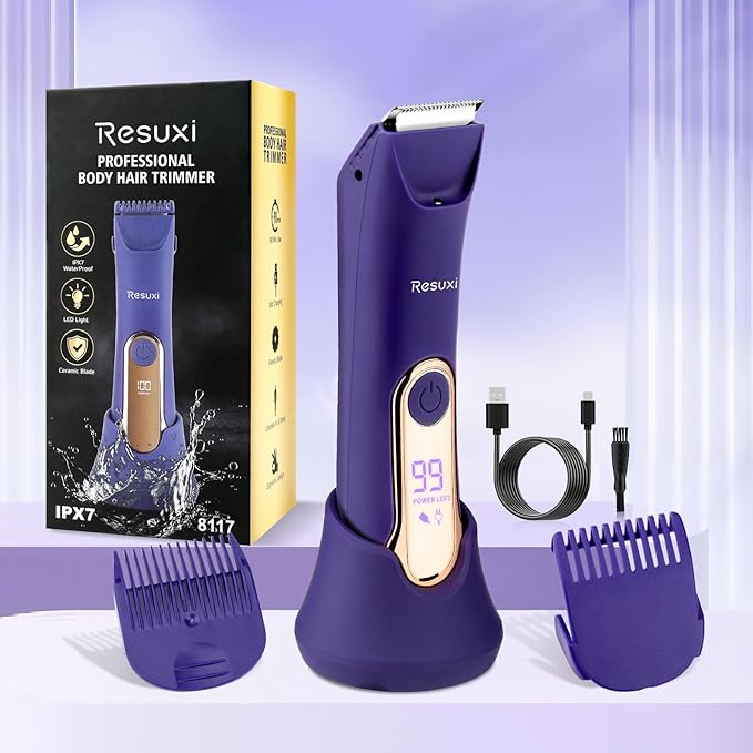 RESUXI Electric Bikini Trimmer for Women,Pubic Hair Trimmer Ceramic Blade Electric Razors Shaver for Underarm Leg Arm Body Hair Private Area,Wet/Dry IPX7 Waterproof Rechargeable LCD Display LED Light-VivaGrace Women