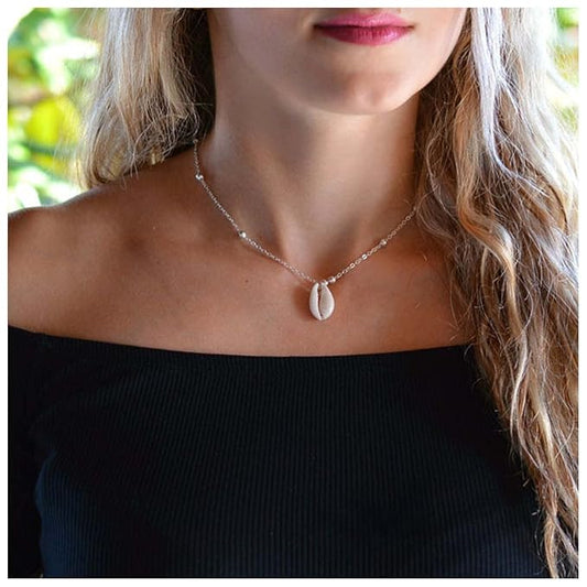 Bohemia Sea Shell Choker Necklace Natural Shell Pendant Necklace Minimalist Cowrie Necklace Silver Satellite Chain Necklace Jewelry for Women and Girls-VivaGrace Women