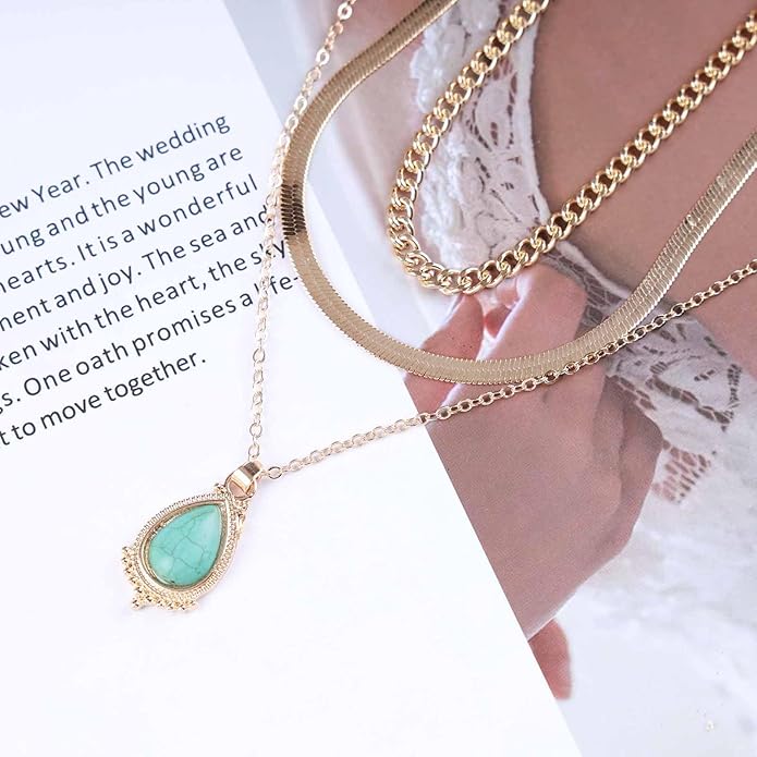 Vintage Layered Turquoise Necklace Turquoise Pendant Necklace Blue Stone Bead Choker Necklace Gold Snake Herringbone Chain Necklace Jewelry for Women-VivaGrace Women