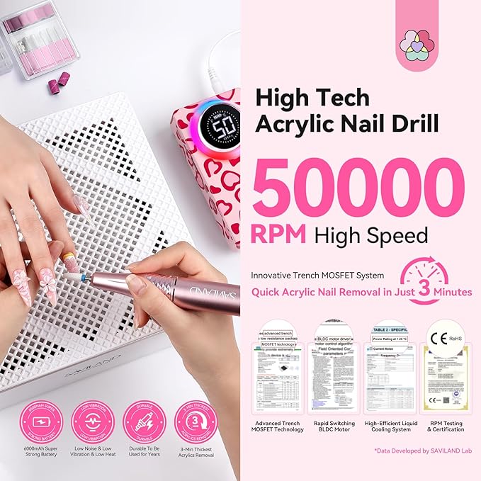 SAVILAND Electric Nail Drill Professional: 50000 RPM Electric Nail File Rechargeable Cordless Nail Drill Kit with Ceramic Drill Bits for Quick Acrylic Nail Removal Ambient Light Leopard Heart Print-VivaGrace Women