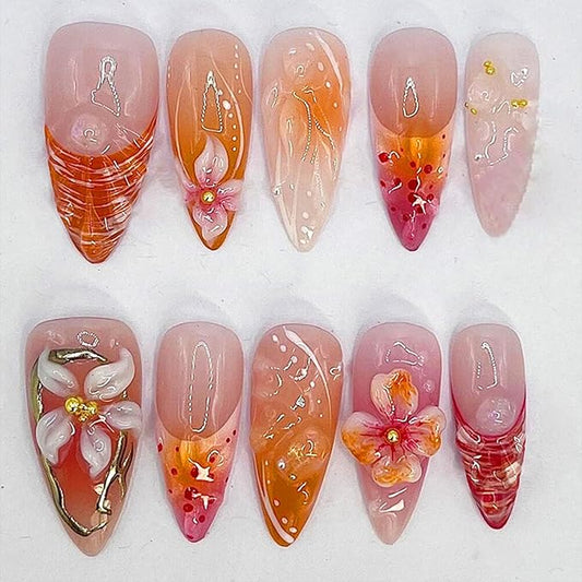 24Pcs Red Flower Press on Nails Medium Almond French Tip Fake Nails with 3D Gilding Rhinestones Design Spring Summer False Nails Full Cover Artificial Glue on Nails Handmade Stick on Nails for Women