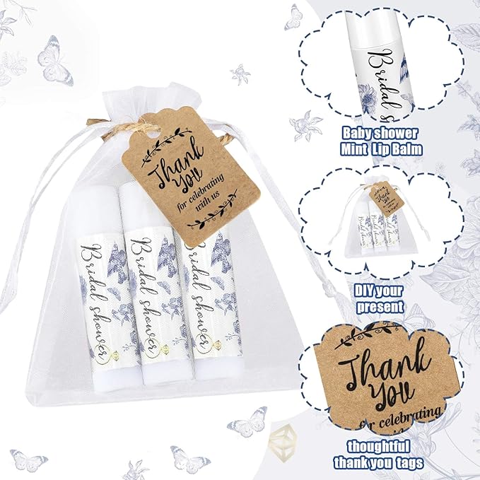 Demissle 50 Pcs Bridal Shower Lip Balm Gift Set with 100 Pcs Organza Bags Thank You Tags 20 Meters Rope wedding Party Favor for Guest Favors Gift Party Decoration Souvenirs(Vintage Flower)-VivaGrace Women