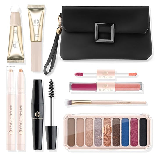 Color Nymph All In One Makeup Kit For Teens And Girls With Waterproof Handbag Makeup Kit Included 9 Colors Matte And Pearl Eyeshadow Palette Liquid Blush, Double Ended Lipgloss Concealer Brush Mascara-VivaGrace Women