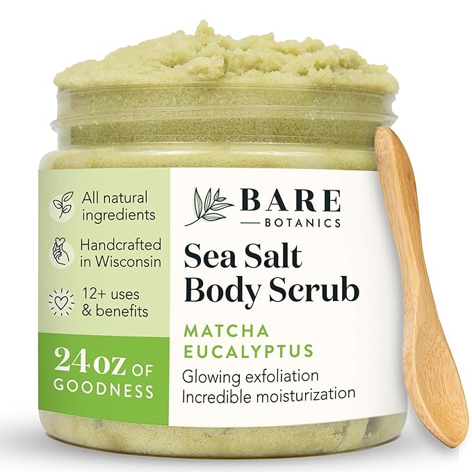 Bare Botanics Matcha Eucalyptus Body Scrub 24 oz - Naturally Scented Sea Salt Scrub Made in Madison, WI - Formulated w/Skin Loving Moisturizers - Vegan, Cruelty Free Exfoliator w/a Cute Wooden Spoon-VivaGrace Women