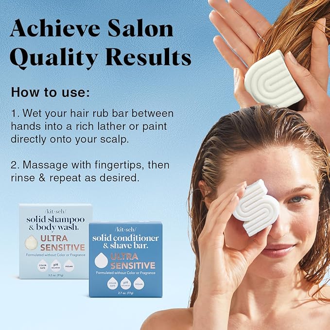 Kitsch 2-in-1 Ultra Sensitive Shampoo Bar & Body Wash + Conditioner Bar & Shaving Soap – Fragrance-Free Bar Soap for Sensitive Skin & Scalp - For Healthy, Radiant Hair and Skin - Made in USA – 2pcs-VivaGrace Women