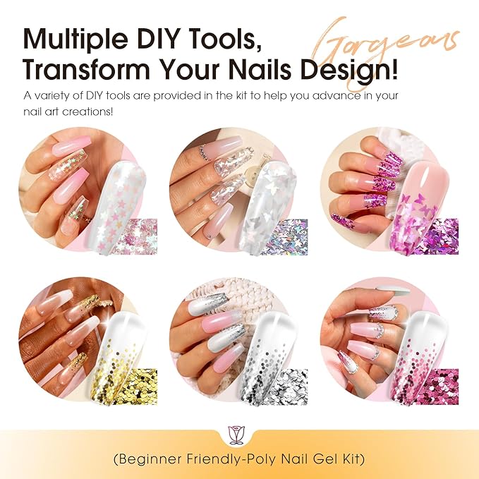 Poly Nail Gel Starter Kit -14 Colors + 75 Nail Art Accessories Kit,ROSALIND Clear Pink Nude Glitter Poly Nail Gel with Big UV Light 48W and Electric Nail Drill Starter Kit-VivaGrace Women
