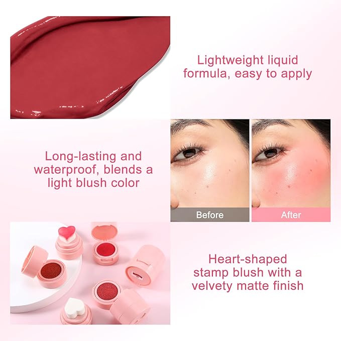 Boobeen Liquid Blush for Cheeks, Buildable & Blendable Face Blusher, Cheek Stamp Blush with Heart-shaped Applicator, Lightweight Air Cushion Blush for Velvet Matte Finish-VivaGrace Women