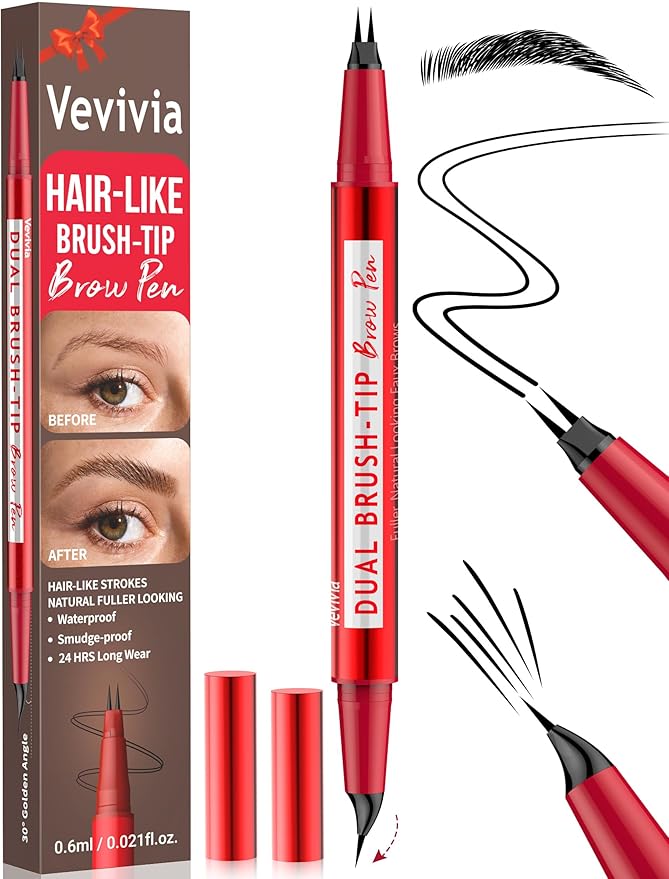 Vevivia Eyebrow Pencils for Women - Eyebrow Pen with Dual-Brush-Tip & Curved Tip for Natural Fuller-Looking Brows, Precise Hair-Like Strokes for All Brow Types, Last All-Day Brow Makeup, Black