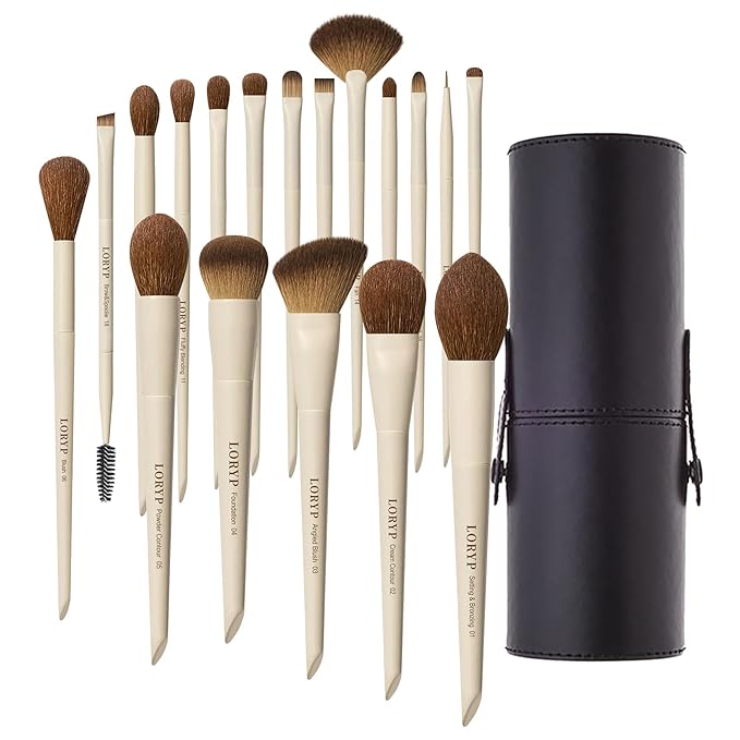 LORYP 18 Piece Makeup Brushes Set Labeled Face and Eye Brush Set Complete with Foundation, Concealer, Contour, Blending, Blush, Eyeshadow Brushes with Travel Holder Case-VivaGrace Women