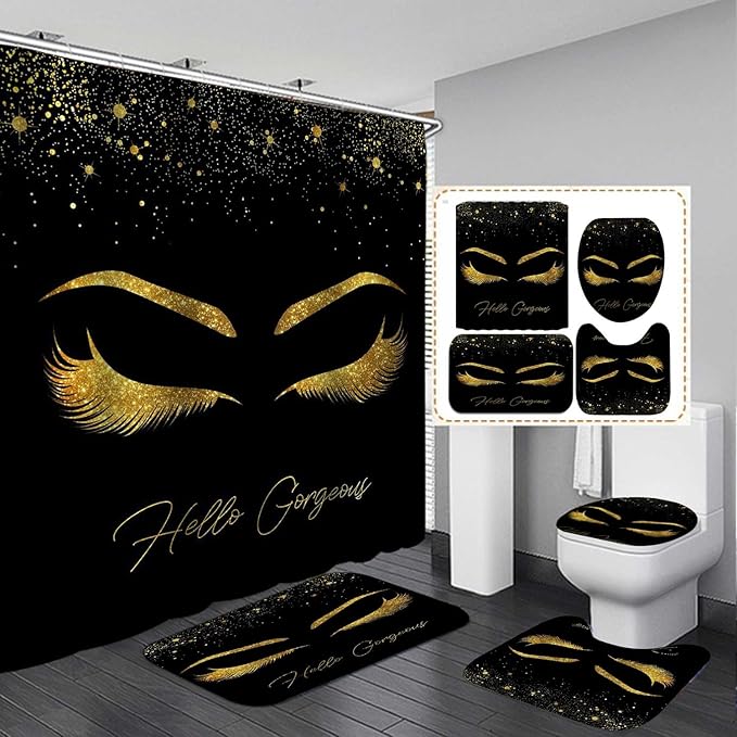 4PCS Unicorn Eyelash Shower Curtain Set, Luxury Gold Glitter Eyebrow Makeup Confetti Hello Gorgeous Glam Modern Fashion Black Women Bathroom Decor, Non-slip Bath Mat Toilet Rug, Gold Eyelash-VivaGrace Women