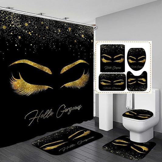 4PCS Unicorn Eyelash Shower Curtain Set, Luxury Gold Glitter Eyebrow Makeup Confetti Hello Gorgeous Glam Modern Fashion Black Women Bathroom Decor, Non-slip Bath Mat Toilet Rug, Gold Eyelash-VivaGrace Women