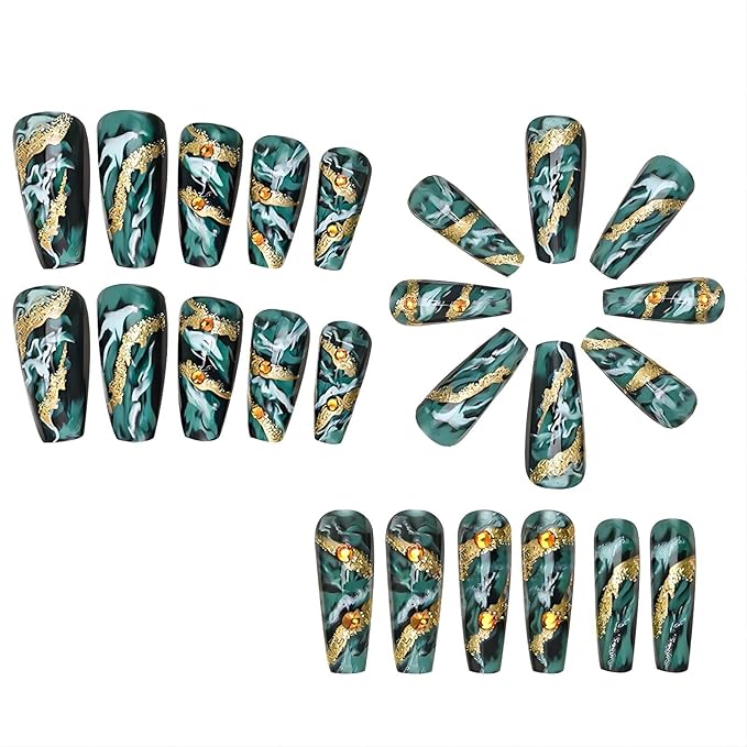 Medium Press-on Nails - Green Acrylic False Nails with Rhinestones & Glitter, Marble Pattern, Artificial Stick-on Nails for Women