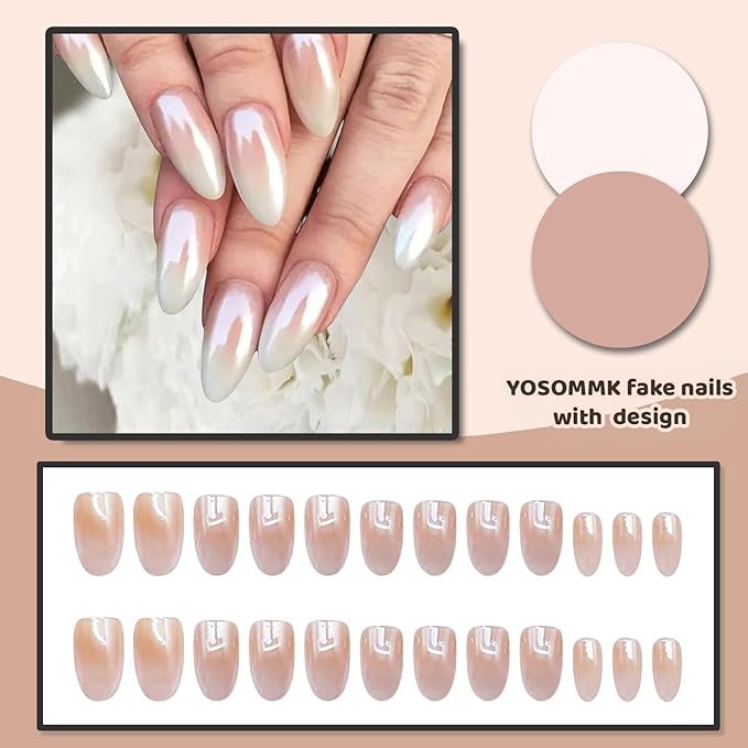 Chrome Fake Nails Almond Medium Press on Nails with Mirror Designs Glossy Ombre Nude False Nails Stick on Acrylic Nails for Women