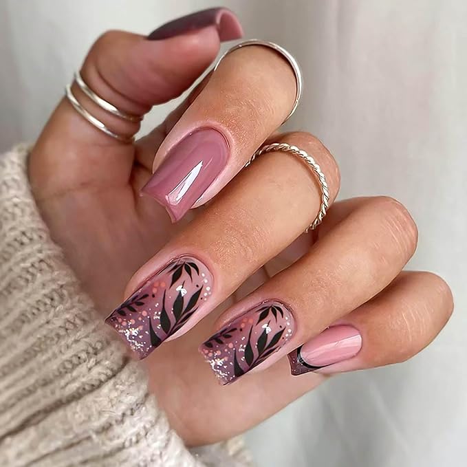 Medium Square Press on Nails Purple French Fake Nails Glitter False Nails with Leaf Designs Full Cover Glue on Nails Sparkly Artificial Nails Cute Stick on Nails for Women 24Pcs