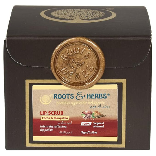 ROOTS AND HERBS Ayurvedic Cacao & Manjistha Cane Sugar Lip Scrub 100% Vegan, No-Paraben, No-SLS, No-Sulphate & Natural Treatment Exfoliator for Dark, Dry, Chapped Smooth & Brighter Lips (15gm/0.53oz)-VivaGrace Women