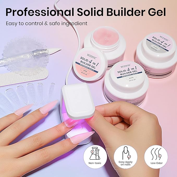 MIZHSE Solid Builder Gel Nail Kit with Nail Lamp, 3 Colors Builder Gel Clear Milky White Nude Hard Sculpting 3D Art U V LED Gels with Dual Form-VivaGrace Women