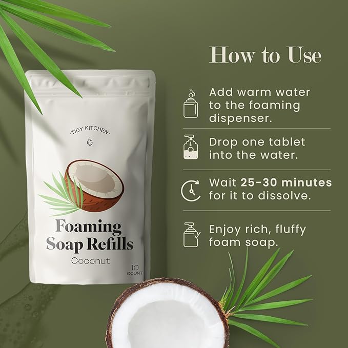 Foaming Hand Soap Refills – Rich, Moisturizing Lather in Coconut Scent, Works with Dispensers, 10 count