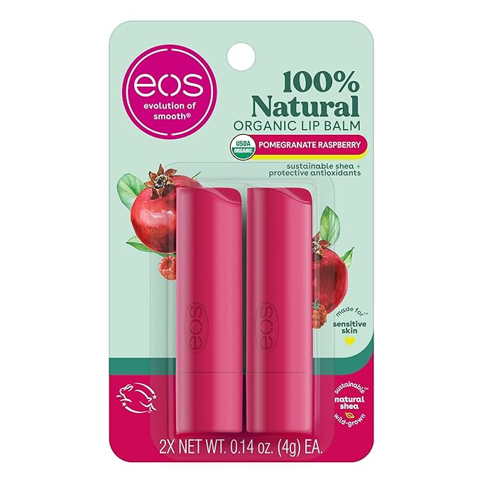 eos 100% Natural & Organic Lip Balm- Pomegranate Raspberry, Dermatologist Recommended, All-Day Moisture Lip Care, 0.14 Oz, 2 Pack-VivaGrace Women