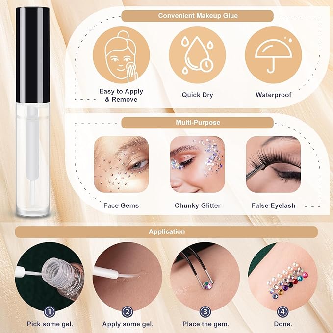 Colorful Face Gems for Makeup Set, Flatback Gorgeous Charming Mixed-Colored Crystals with Makeup Glue+Picker Pencil+Tweezer for Eye Body Hair Make-up and Nail Art Deco-VivaGrace Women