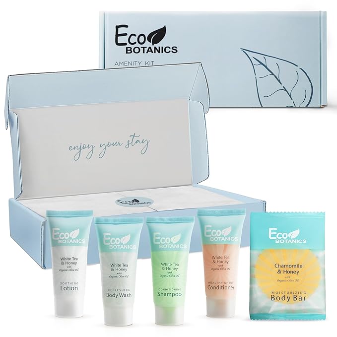 Eco Botanics Amenity Kit | Boxed Hotel Toiletries | Bulk Set 0.85 oz Travel Size Shampoo, Conditioner, Lotion, Body Wash & Body Bar Soap for Guest Hospitality AirBnB/Vacation Rentals | 1 set per case-VivaGrace Women