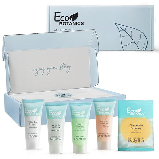 Eco Botanics Amenity Kit | Boxed Hotel Toiletries | Bulk Set 0.85 oz Travel Size Shampoo, Conditioner, Lotion, Body Wash & Body Bar Soap for Guest Hospitality AirBnB/Vacation Rentals | 1 set per case-VivaGrace Women