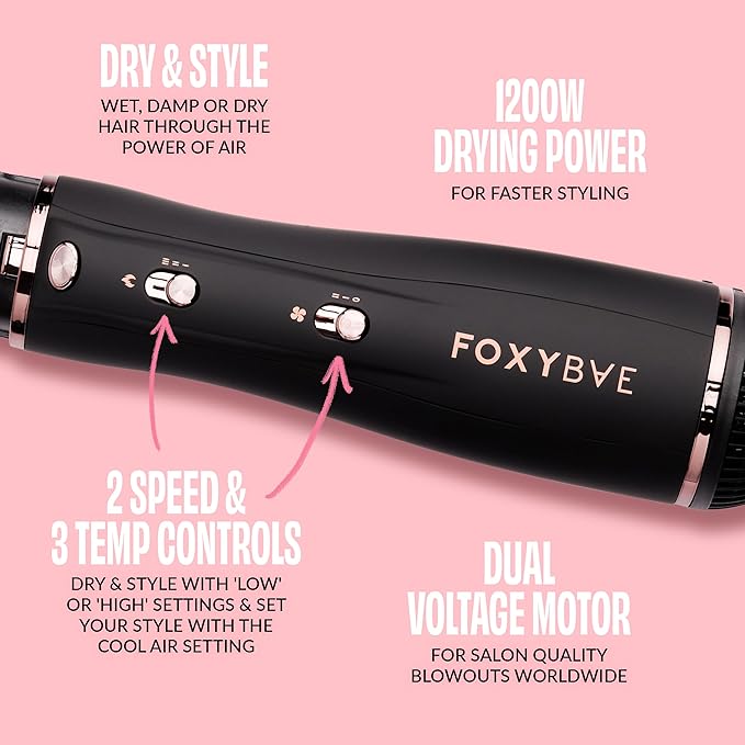 Foxybae Super Styler – 4-in-1 Blow Dryer Brush Set - Diffuser, Blowout Brush, 1.25” Curling Barrel & Drying Cylinder - Voluminous, Frizz-free Hair - Blow Dryer, Straightener & Curler [Black Rose-Gold]-VivaGrace Women