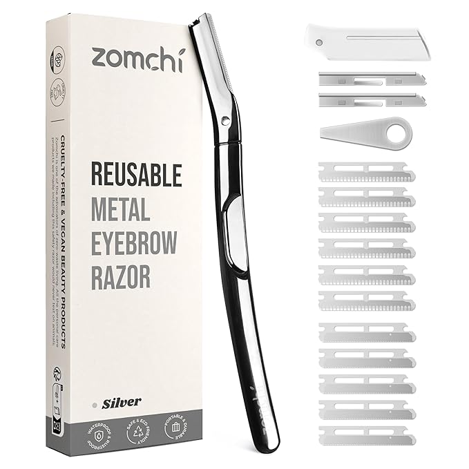 ZOMCHI Eyebrow Razor and Face Razor for Women and Men, Reusable Metal Handle with 11 Refill Blades, Dermaplane Razor with Protective Silicone Cap, Eyebrow Hair Trimmer - Polished Silver-VivaGrace Women