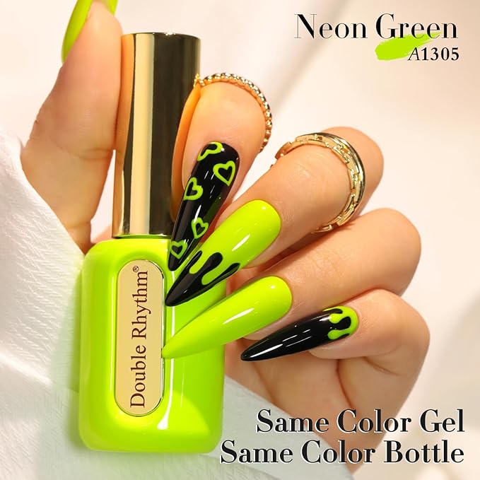 Double Rhythm 0.50 OZ Gel Polish Same Color Same Bottle Golden Round Hema Free Neutral Natural Milky 15 ML Jelly UV Polish Art DIY at Home (Neon Green-C1305)
