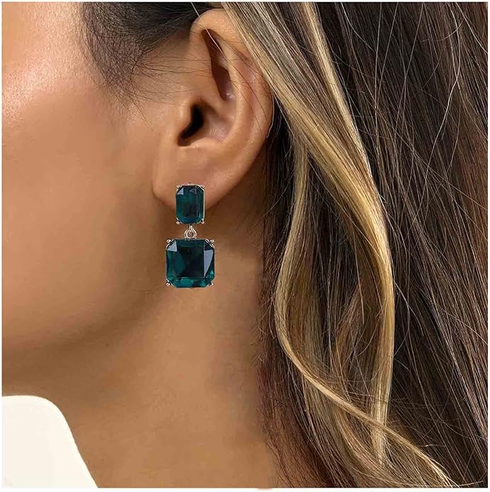 Vintage Emerald Square Earrings Green Emerald Drop Earrings Geometric Emerald Earrings Luxury Wedding Green Crystal Stud Earrings Jewelry for Women-VivaGrace Women
