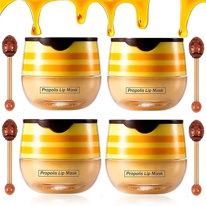 4PCS Nourishing Lip Balm Honey Pot, Honey Pot Lip Mask Propolis Moisturizing Bee Lip Balm with Brush, Hydrating & Prevention Dry and Cracked Lip Sleeping Mask Reduces Lip Lines Lip Care Product-VivaGrace Women