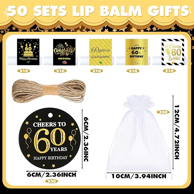 50 Sets 60th Birthday Favors Lip Balm Gifts Bulk Moisturizing Lip Balm with 50 Organza Drawstring Gift Bag 50 Tags 60th Birthday Party Supplies Gifts Bulk for Men and Woman-VivaGrace Women