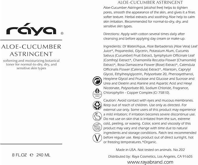 Raya Aloe Cucumber Astringent (202), Facial Toner for Dry and Sensitive Skin - Refreshing, Hydrating and Calming Formula, Gentle Pore Tightening Skincare, Cruelty, Paraben & Alcohol-Free, 8 fl oz-VivaGrace Women