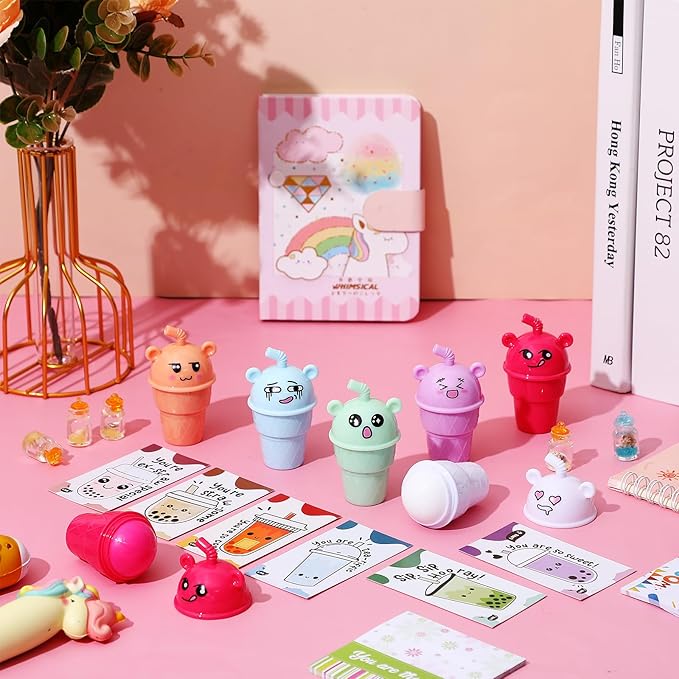 24 Sets Milk Tea Shaped Cute Lip Balm Fruit Flavored Lip Balm with Milk Tea Theme Gift Cards Milk Tea Boba Lover Birthday Baby Shower Party Inspirational Gifts Favors for Girls Kids Women-VivaGrace Women