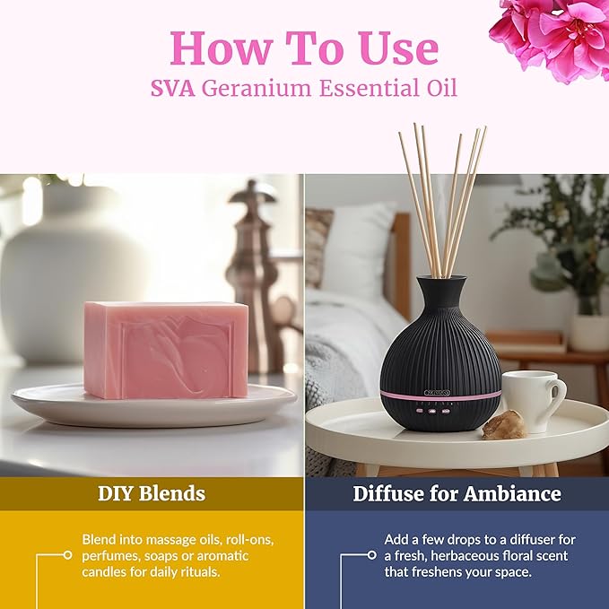 SVA Geranium Essential Oil Organic – 1 Fl Oz – 100% Natural Organic Geranium Oil - for Diffuser, Hair Care, Face, Skin Care, Aromatherapy, Scalp and Body Massage, Soap and Candle making – with Dropper-VivaGrace Women