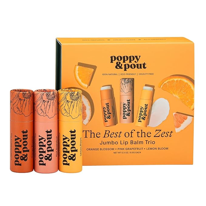Jumbo Lip Balm Gift Set (3-Pack, Citrus Flavors) | Poppy & Pout All Natural Lip Balms & Moisturizers | Hydrates with Beeswax, Vitamin E, Organic Coconut Oil | Cruelty-Free | Recyclable Cardboard Tube-VivaGrace Women