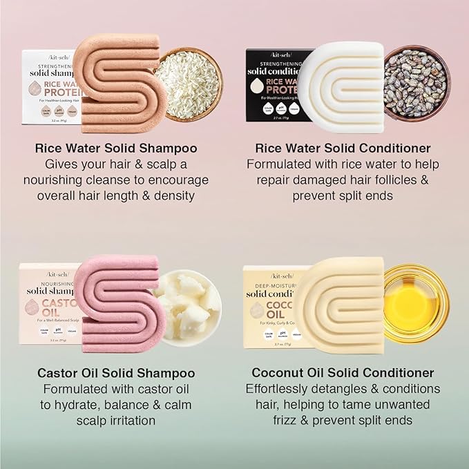 Kitsch Shampoo and Conditioner Set - 4pc Sampler Bars with Rice Water Shampoo and Conditioner, Castor Oil Shampoo & Coconut Oil Conditioner - Bottle-Free Beauty for Hair Growth, Repair & Moisture-VivaGrace Women