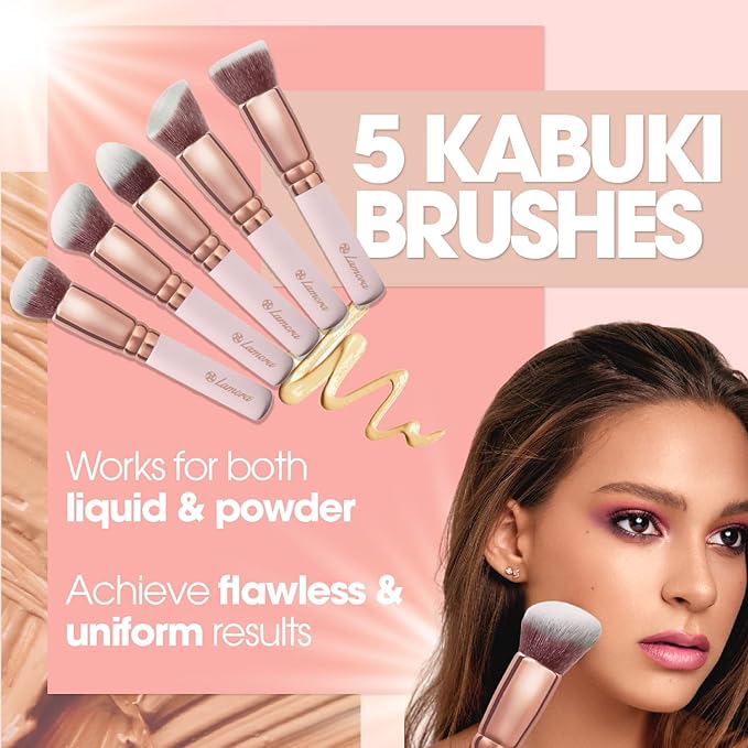 Kabuki Makeup Brush Set - Foundation Powder Blush Concealer Contour Brushes - Perfect for Liquid, Cream or Mineral Products - 10 Pc Collection with Premium Synthetic Bristles for Eye and Face Cosmetic-VivaGrace Women