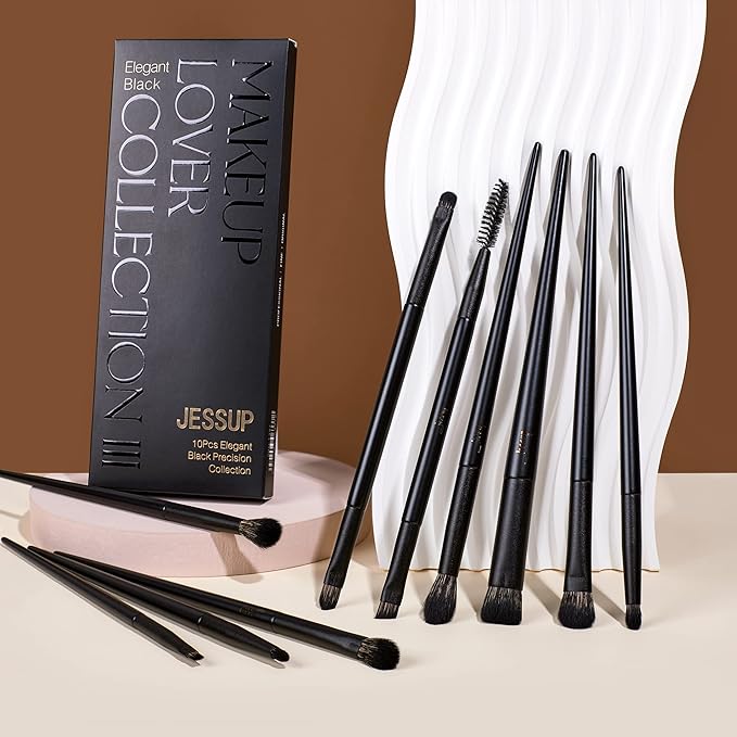 Jessup Eyeshadow Brush Set, 10Pcs Eye Makeup Brushes Professional for Blending Eye Shadow Liner Crease, Duo-end Brow Brush, Elegant Black T337-VivaGrace Women