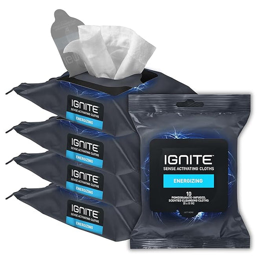 Ignite Mens Body Wet Wipes, Extra Thick 8" x 8" Shower Wipes, Energizing Scent, 10 Count (Pack of 5)