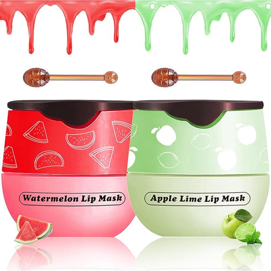 2 PCS Lip Balm Honey Pot, Apple Lime & Watermelem Lip Mask Vitamin E & Moisturizing Propolis Sleeping Lip Mask Prevention Dry and Cracked Lip Scrubs Exfoliator, Christmas Gifts-VivaGrace Women